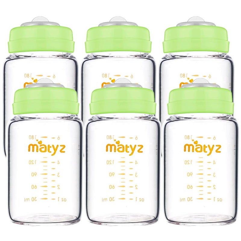 Matyz زجاجات تخزين حليب الثدي، 6 عبوات، 6 أونصات، متوافقة مع مضخة حليب الثدي سبكترا ومديلا - تخزين، تجميد، تسخين الحليب بشكل جيد - حاويات تخزين حليب الثدي ذات فم واسع - خالية من BPA (أغطية خضراء) - Image 1